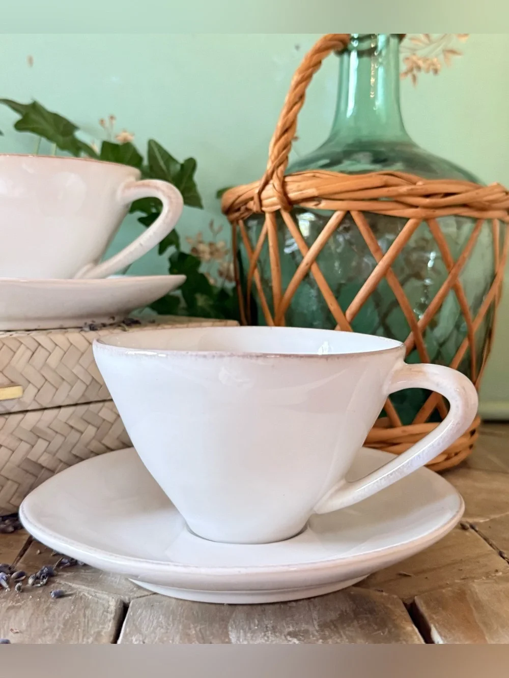 Crate & Barrel Marin 9.5-oz. White Stoneware Cappuccino Cups & Saucers, Set/2